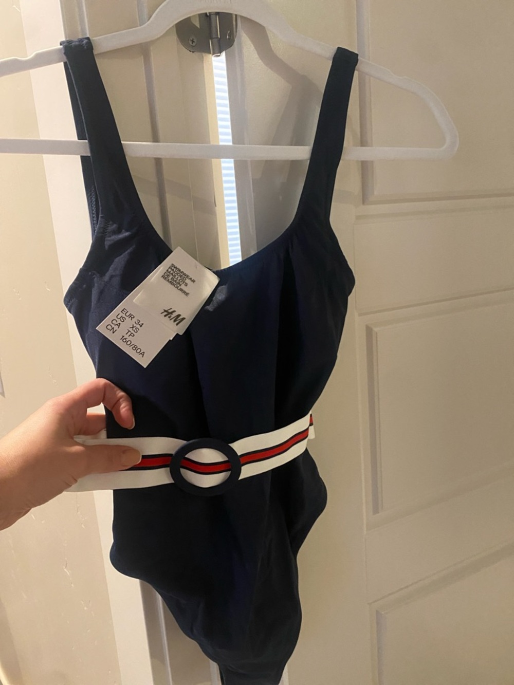 H&M Navy One-Piece Swimsuit with Striped Belt Detail